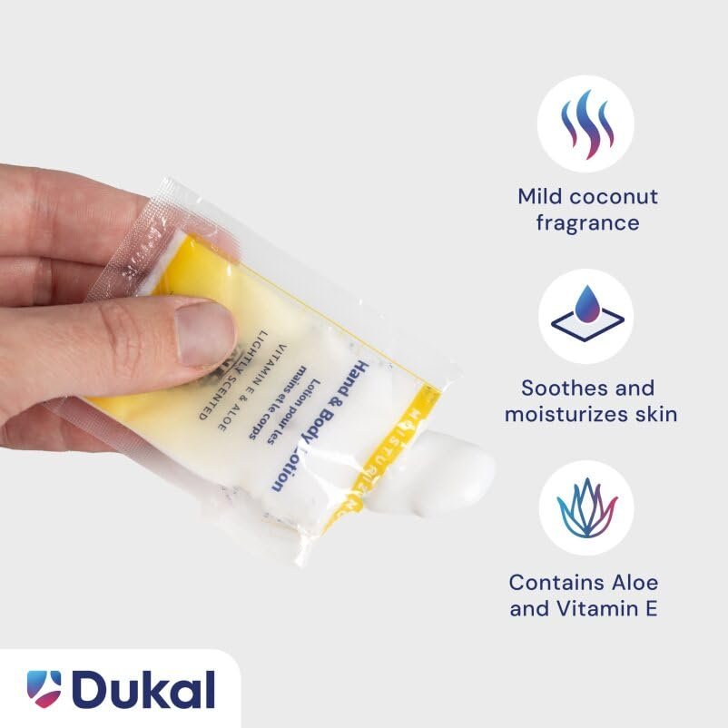 Dukal DawnMist Moisturizing Lotion - 100 Pack, Hand & Body, Aloe & Vitamin E, Coconut Fragrance, 0.35 oz Single-Use, Alcohol-Free Avelisse