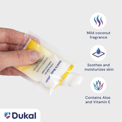 Dukal DawnMist Moisturizing Lotion - 100 Pack, Hand & Body, Aloe & Vitamin E, Coconut Fragrance, 0.35 oz Single-Use, Alcohol-Free Avelisse