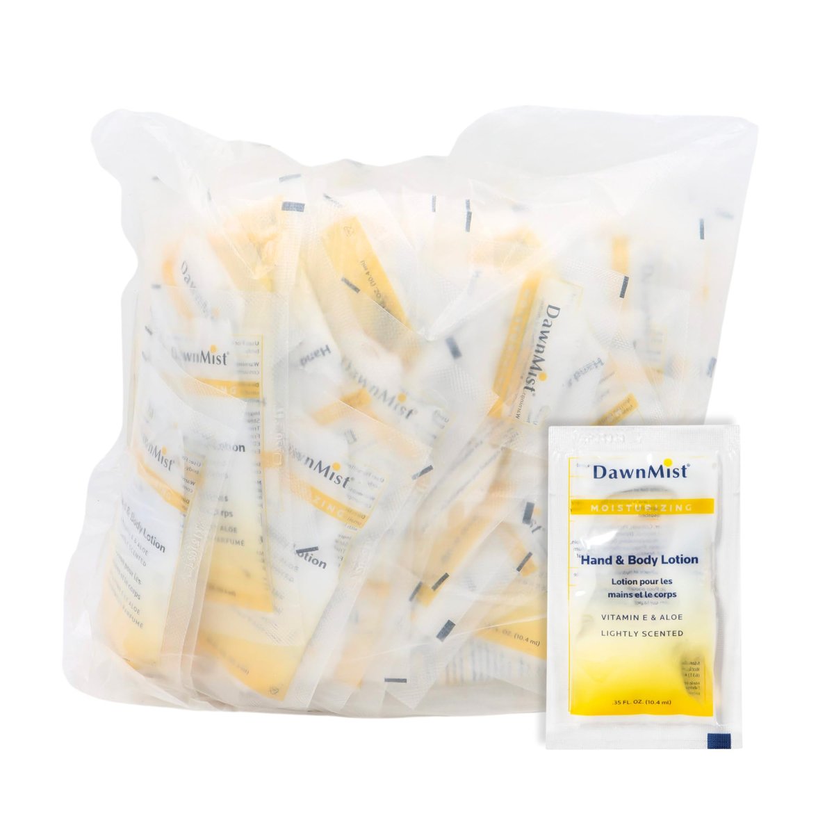 Dukal DawnMist Moisturizing Lotion - 100 Pack, Hand & Body, Aloe & Vitamin E, Coconut Fragrance, 0.35 oz Single-Use, Alcohol-Free Avelisse
