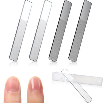 Mudder 4 Pack Glass Nail File and Crystal Shiner Files Kit with Case - Nano Nail Buffer Polisher for Natural Nails, Double Sided Etched Manicure Tools for Women, Men, Adults (White and Black)