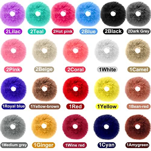 WILLBOND 30 Pieces Fuzzy Scrunchies Bulk - Pompom Ball Elastic Hair Ties, Fluffy Ponytail Holders for Women, 21 Colors Avelisse