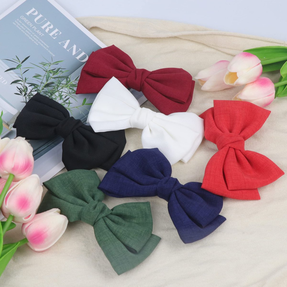 6-Piece French Hair Bow Clips - Metal Barrette Set for Women and Girls, Ideal Gift for Birthday, Daily Wear, and Holidays (Black, Red, Green, Blue) Avelisse