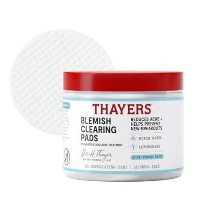 Thayers Blemish Clearing Acne Pads - Salicylic Acid Acne Treatment with Witch Hazel, Pore Reducing & Exfoliating Toner Pads, 60 Count