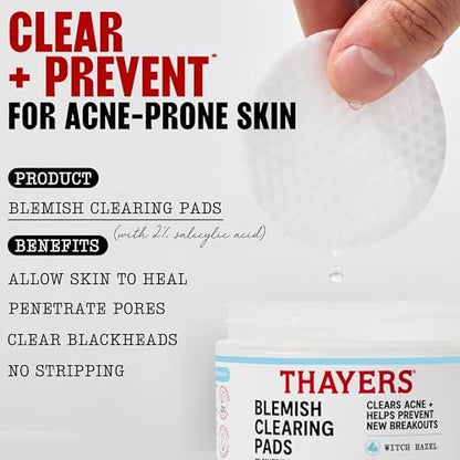 Thayers Blemish Clearing Acne Pads - Salicylic Acid Acne Treatment with Witch Hazel, Pore Reducing & Exfoliating Toner Pads, 60 Count