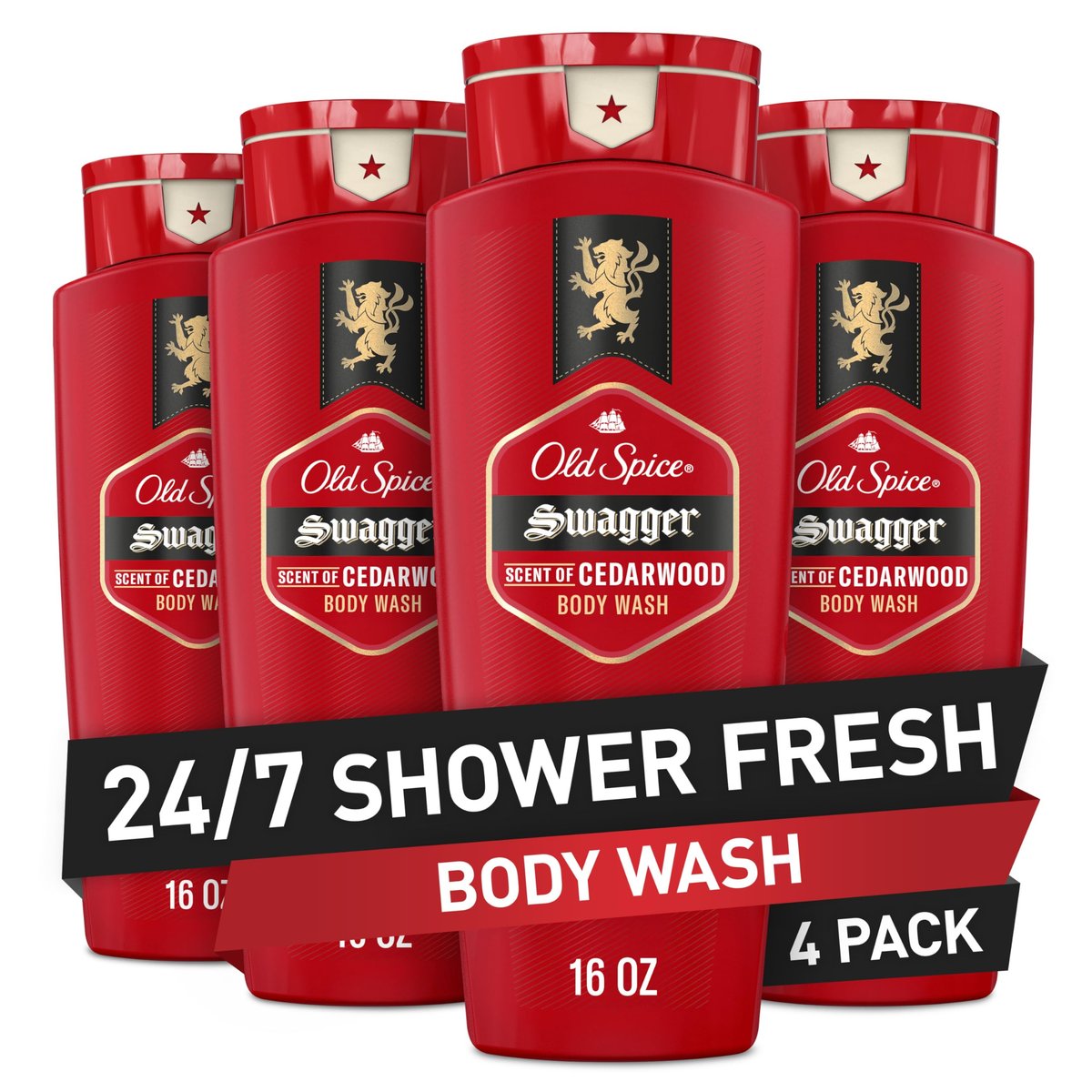 Old Spice Refreshing Body Wash for Men, Swagger with Cedarwood Scent, 3X Defense, 24/7 Shower Fresh, 16 oz (Pack of 4) Avelisse