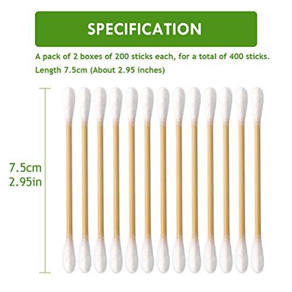Cibutyful Cotton Swabs 400 Count - Double Round Tips with Strong Bamboo Sticks, 3.0 Inch Wooden Ear Swabs