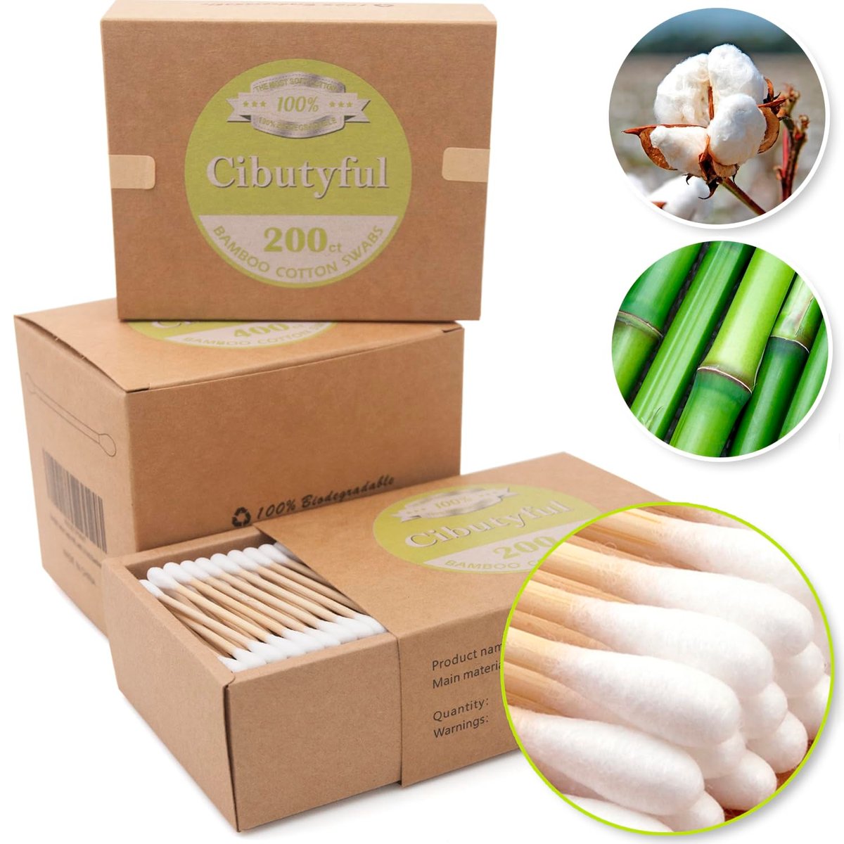 Cibutyful Cotton Swabs 400 Count - Double Round Tips with Strong Bamboo Sticks, 3.0 Inch Wooden Ear Swabs - görsel 7
