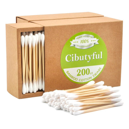 Cibutyful Cotton Swabs 400 Count - Double Round Tips with Strong Bamboo Sticks, 3.0 Inch Wooden Ear Swabs