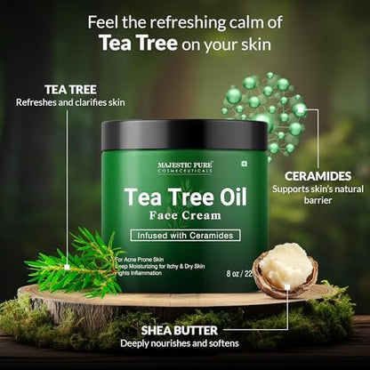 Majestic Pure Tea Tree Oil Face Cream - Moisturizer for Dry, Itchy, Acne-Prone Skin - Day & Night Cream for Women & Men - 8 oz