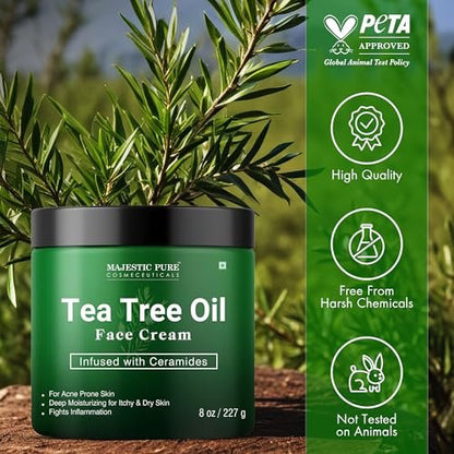 Majestic Pure Tea Tree Oil Face Cream - Moisturizer for Dry, Itchy, Acne-Prone Skin - Day & Night Cream for Women & Men - 8 oz