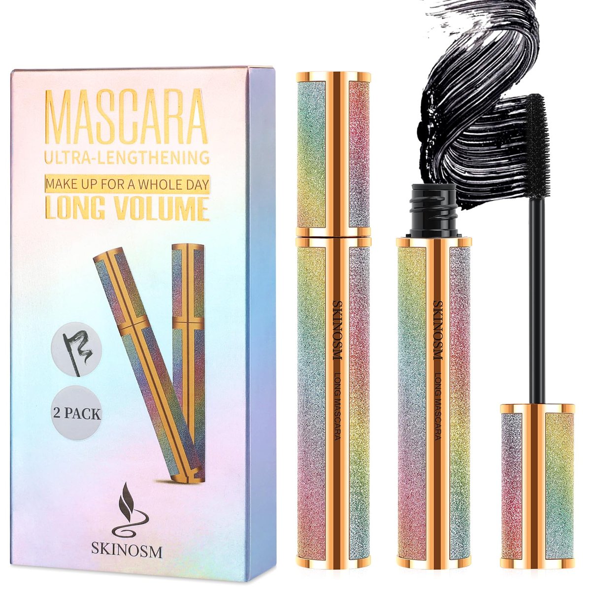 2 Pack Black Volume & Length Lasting All Day Mascara, 4D Silk Fiber Lash, Waterproof Lengthening No Clumping & Smudging Avelisse