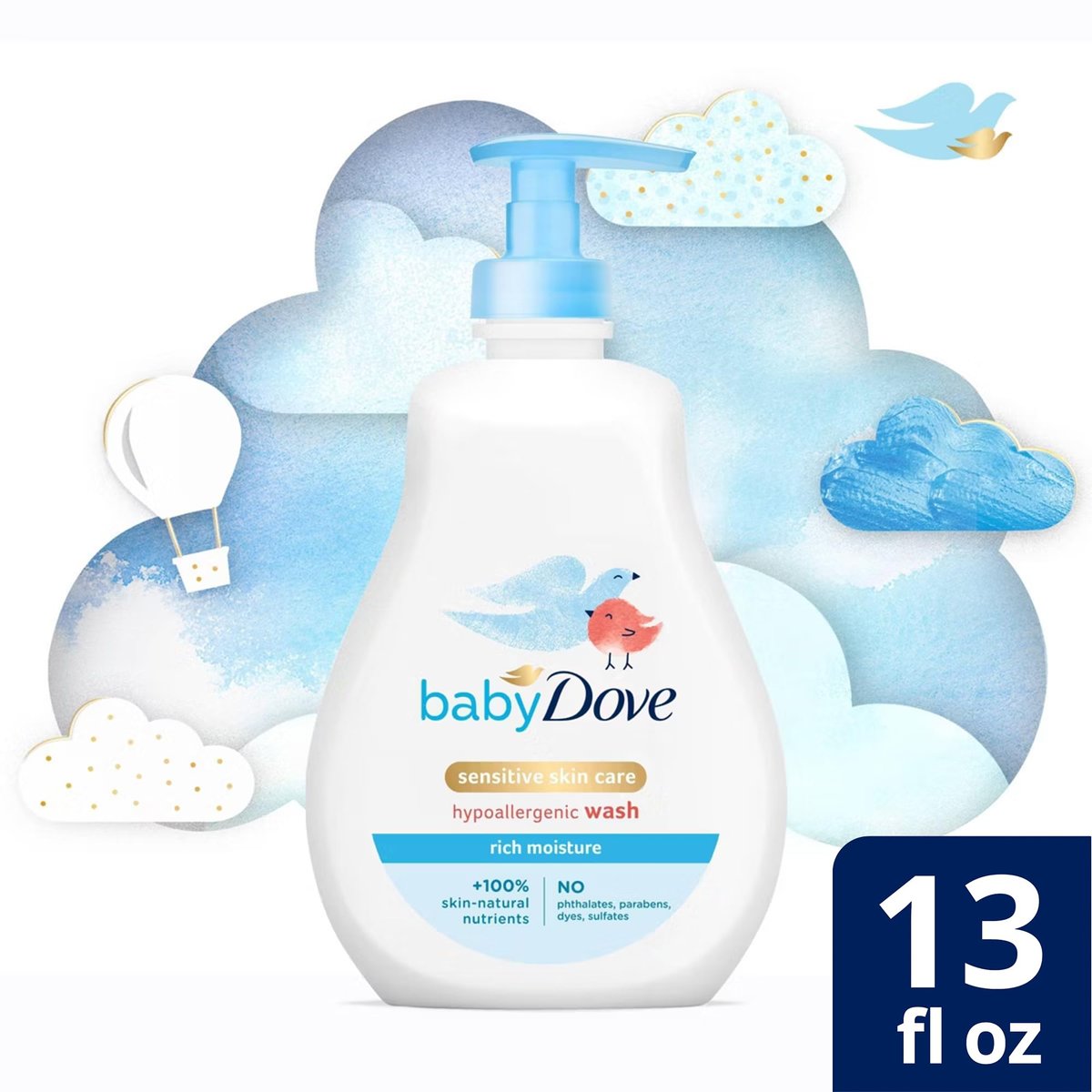 Baby Dove Rich Moisture Body Wash 3-Pack – Hypoallergenic, Tear-Free, Delicate Scent, 13.5 oz Each Avelisse