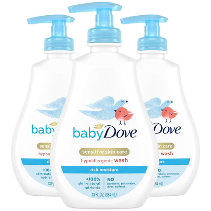 Baby Dove Rich Moisture Body Wash 3-Pack – Hypoallergenic, Tear-Free, Delicate Scent, 13.5 oz Each Avelisse