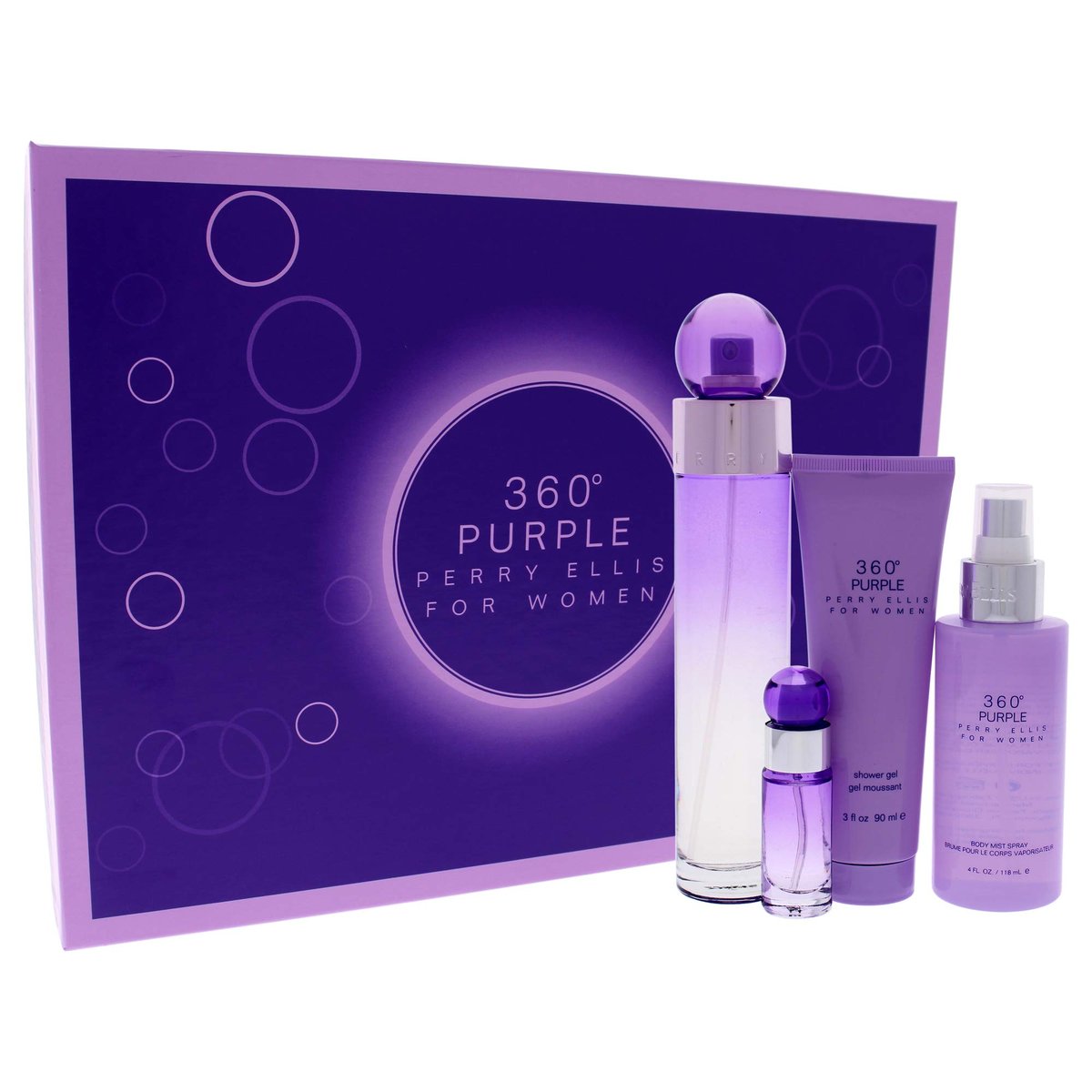 Perry Ellis 360 Purple for Women 4-Piece Fragrance Gift Set: EDP Spray, Mini Spray, Body Mist & Shower Gel Avelisse