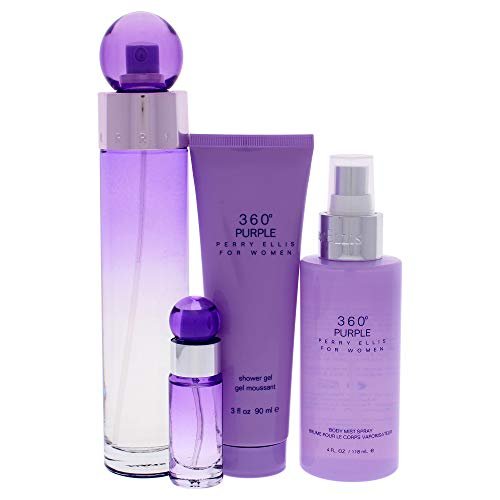 Perry Ellis 360 Purple for Women 4-Piece Fragrance Gift Set: EDP Spray, Mini Spray, Body Mist & Shower Gel Avelisse