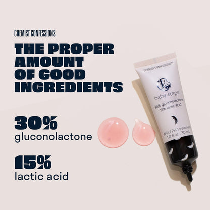 Chemist Confessions AHA/PHA Baby Steps Exfoliation Treatment Face Peel Mask & Booster - Gluconolactone & Lactic Acid Formula for Smoother, Brighter Complexion, Ideal for Dry and Sensitive Skin, 1 Fl Oz