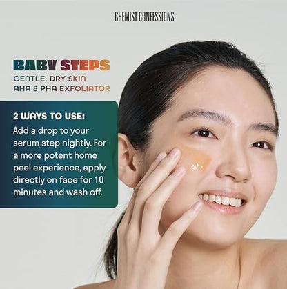 Chemist Confessions AHA/PHA Baby Steps Exfoliation Treatment Face Peel Mask & Booster - Gluconolactone & Lactic Acid Formula for Smoother, Brighter Complexion, Ideal for Dry and Sensitive Skin, 1 Fl Oz