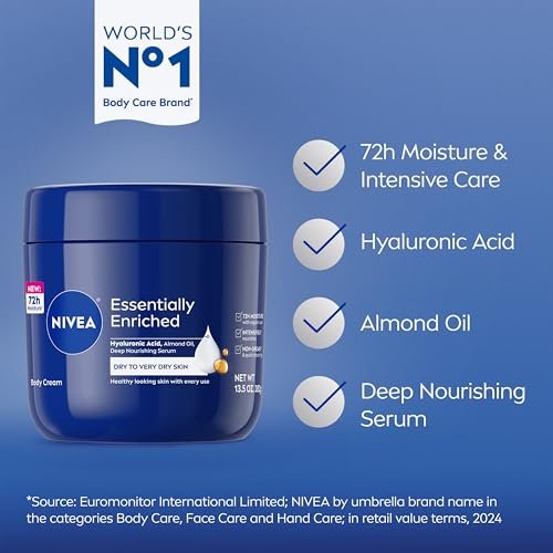 NIVEA Essentially Enriched Body Cream for Dry to Very Dry Skin with Hyaluronic Acid, Deep Nourishing Serum and Almond Oil, 72-Hour Body Moisturizer, 13.5 Oz Jar - görsel 6
