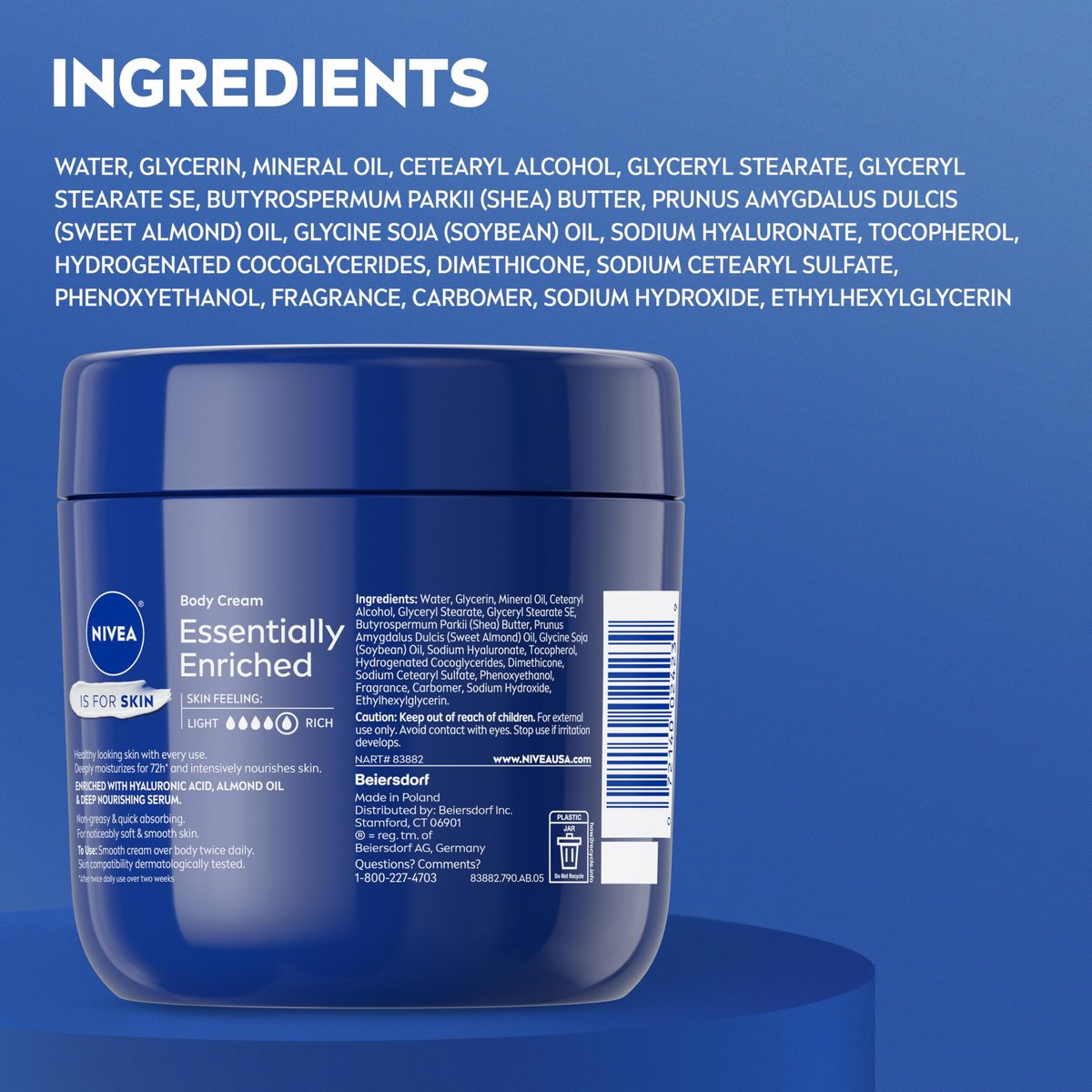 NIVEA Essentially Enriched Body Cream for Dry to Very Dry Skin with Hyaluronic Acid, Deep Nourishing Serum and Almond Oil, 72-Hour Body Moisturizer, 13.5 Oz Jar - görsel 15