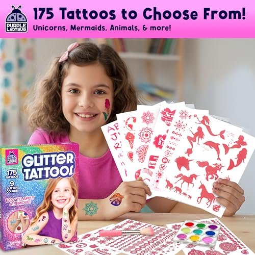 PURPLE LADYBUG Glitter Tattoos for Kids - 175+ Designs, Temporary Tattoo Kit, Fun Gift for Girls Age 6-12 Avelisse