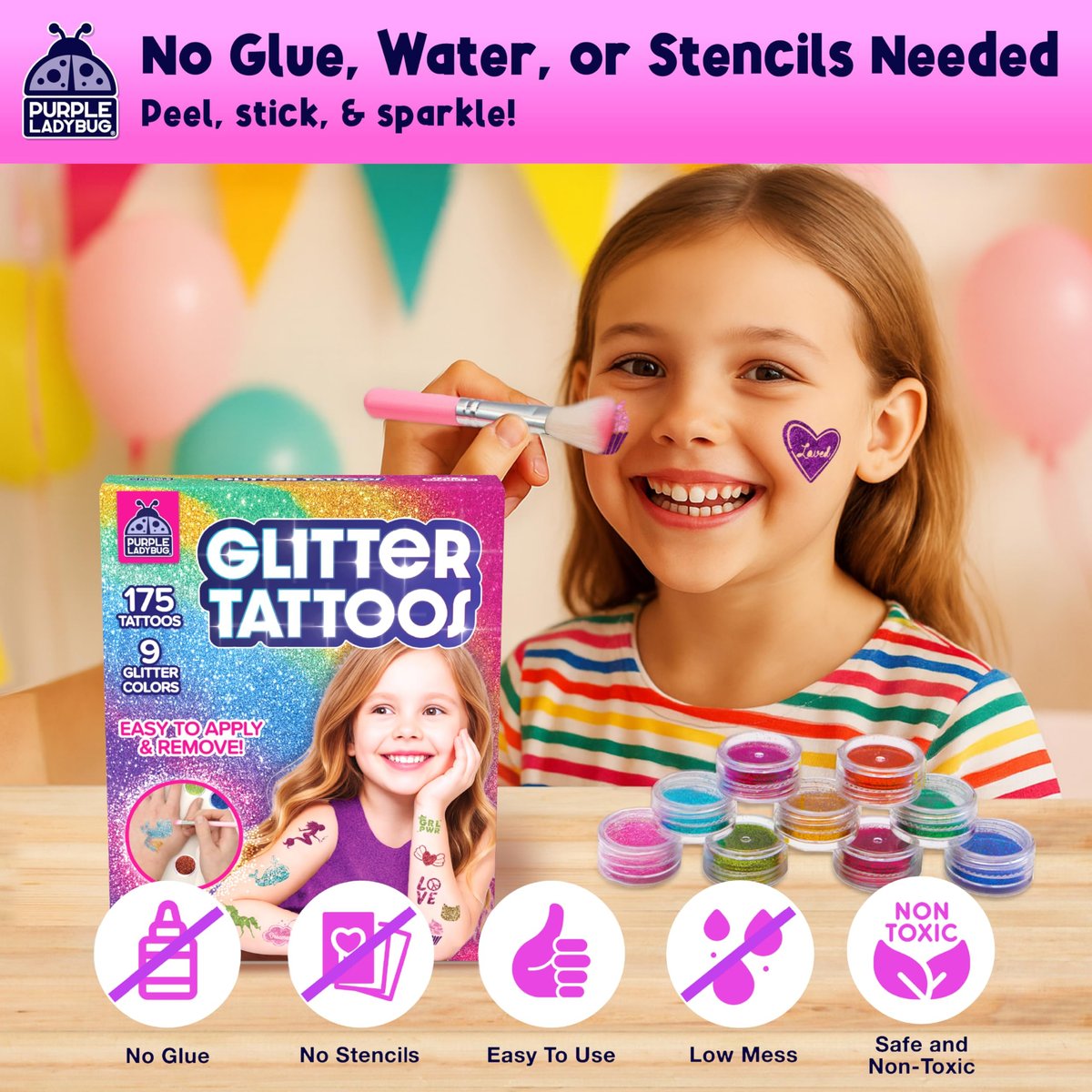 PURPLE LADYBUG Glitter Tattoos for Kids - 175+ Designs, Temporary Tattoo Kit, Fun Gift for Girls Age 6-12 Avelisse