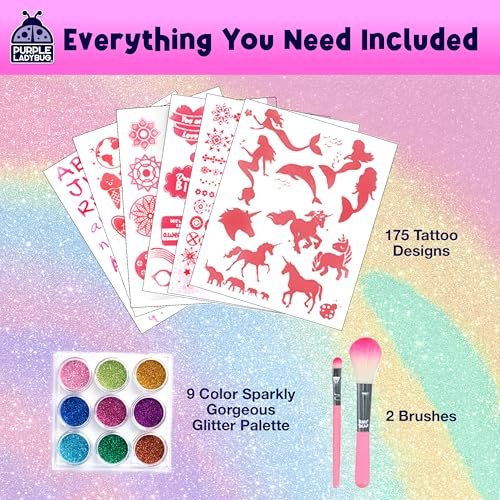 PURPLE LADYBUG Glitter Tattoos for Kids - 175+ Designs, Temporary Tattoo Kit, Fun Gift for Girls Age 6-12 Avelisse