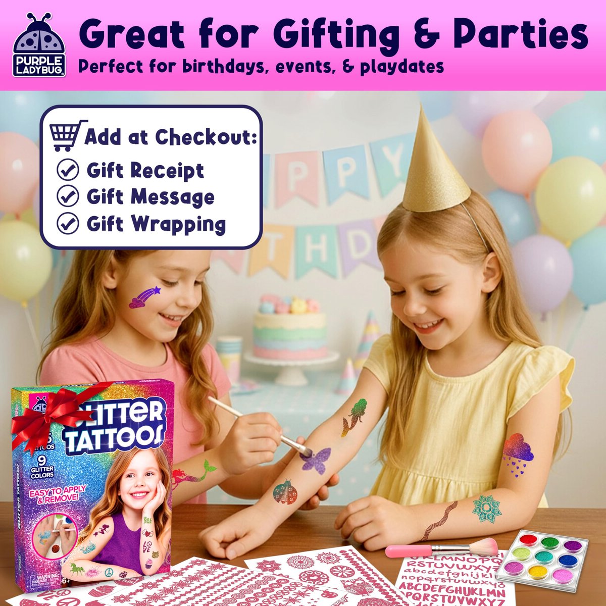 PURPLE LADYBUG Glitter Tattoos for Kids - 175+ Designs, Temporary Tattoo Kit, Fun Gift for Girls Age 6-12 Avelisse