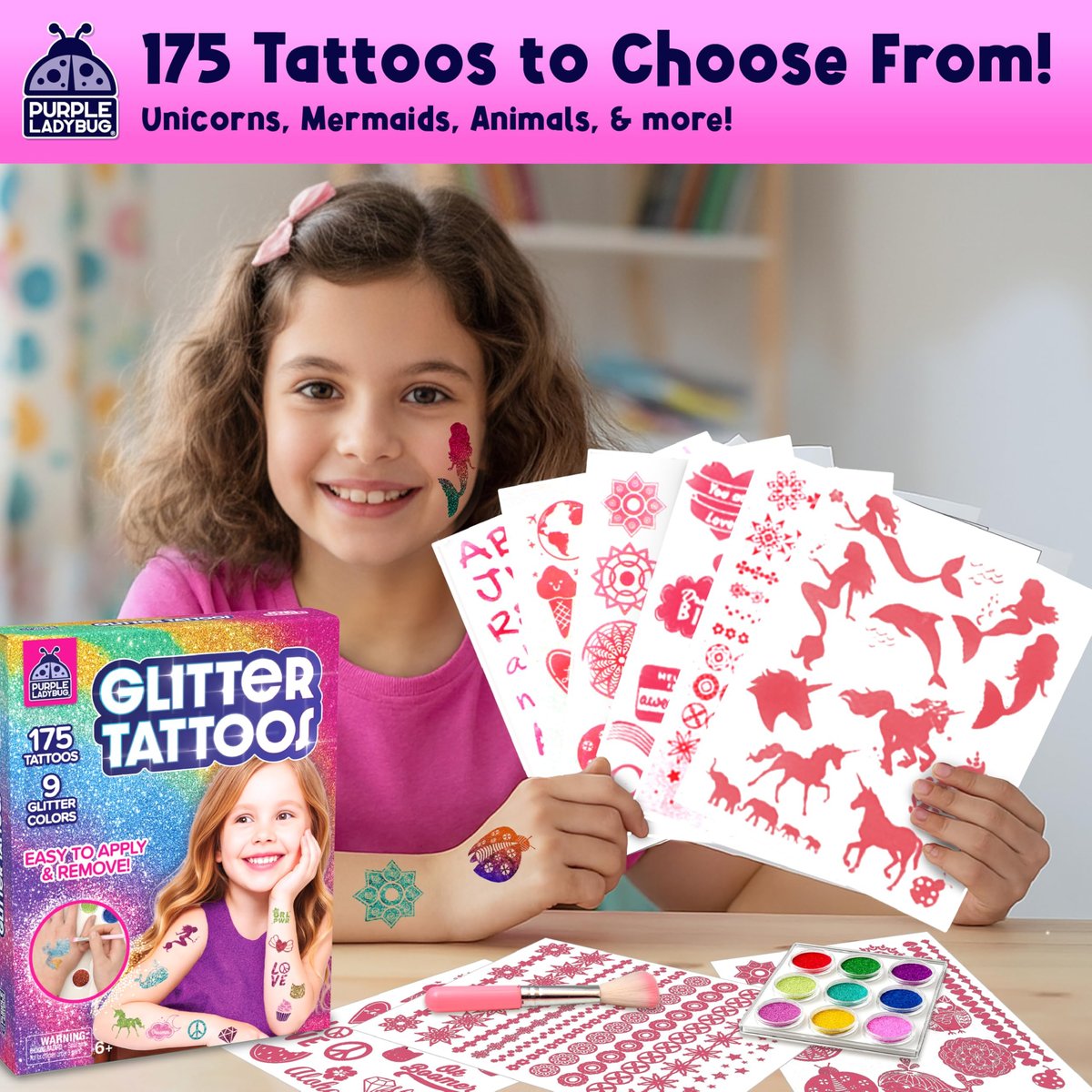 PURPLE LADYBUG Glitter Tattoos for Kids - 175+ Designs, Temporary Tattoo Kit, Fun Gift for Girls Age 6-12 Avelisse