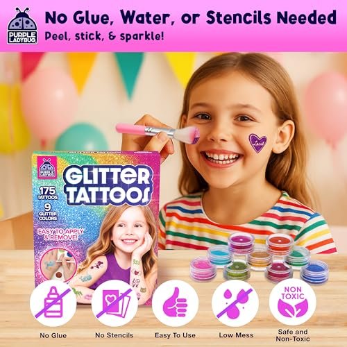 PURPLE LADYBUG Glitter Tattoos for Kids - 175+ Designs, Temporary Tattoo Kit, Fun Gift for Girls Age 6-12 Avelisse
