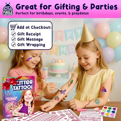 PURPLE LADYBUG Glitter Tattoos for Kids - 175+ Designs, Temporary Tattoo Kit, Fun Gift for Girls Age 6-12 Avelisse