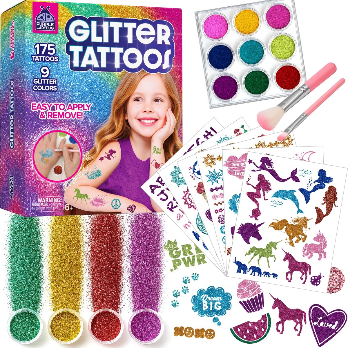 PURPLE LADYBUG Glitter Tattoos for Kids - 175+ Designs, Temporary Tattoo Kit, Fun Gift for Girls Age 6-12 Avelisse