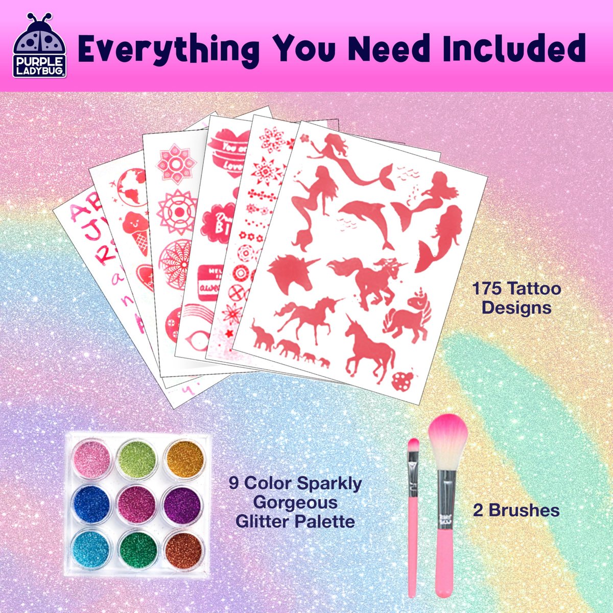 PURPLE LADYBUG Glitter Tattoos for Kids - 175+ Designs, Temporary Tattoo Kit, Fun Gift for Girls Age 6-12 Avelisse