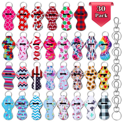 30-Pack Chapstick Holder Keychain Bulk with Keyring Clips - Assorted Colors Neoprene Lip Balm Holders