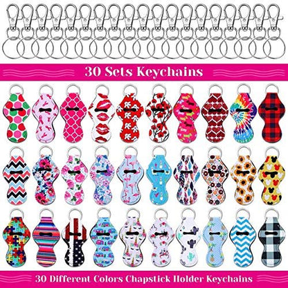 30-Pack Chapstick Holder Keychain Bulk with Keyring Clips - Assorted Colors Neoprene Lip Balm Holders