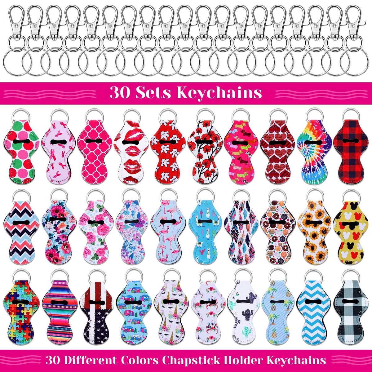 30-Pack Chapstick Holder Keychain Bulk with Keyring Clips - Assorted Colors Neoprene Lip Balm Holders - görsel 3
