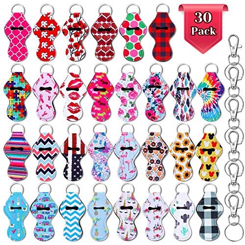 30-Pack Chapstick Holder Keychain Bulk with Keyring Clips - Assorted Colors Neoprene Lip Balm Holders - görsel 2