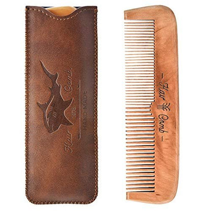 Wooden Hair Comb for Men – Beard Comb with Leather Travel Case (Brown Shark, 1 Count)