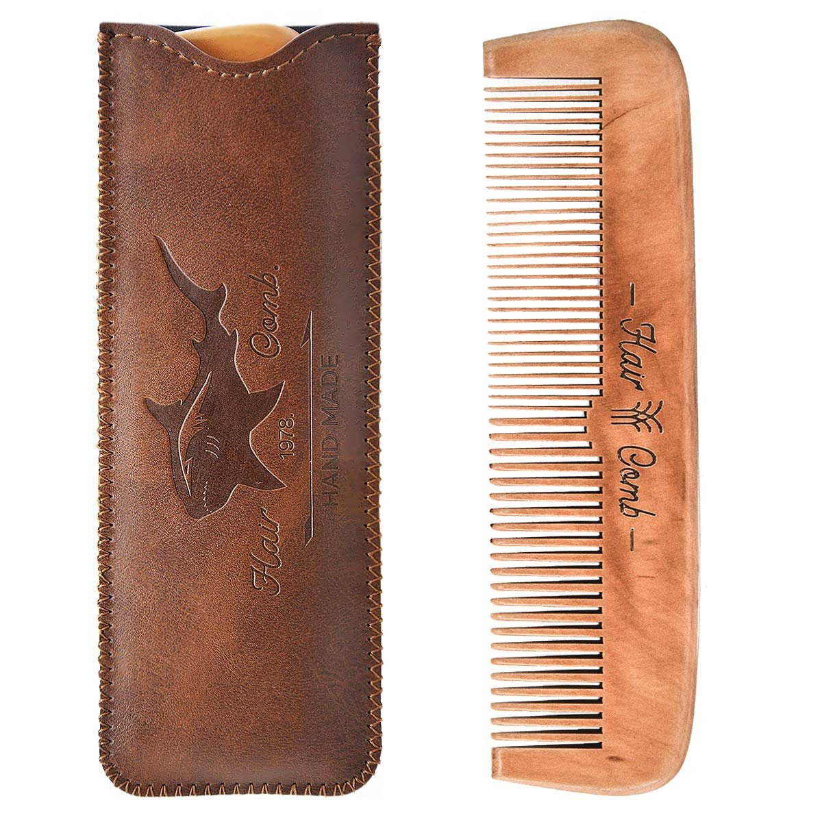 Wooden Hair Comb for Men – Beard Comb with Leather Travel Case (Brown Shark, 1 Count) - görsel 3