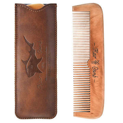 Wooden Hair Comb for Men – Beard Comb with Leather Travel Case (Brown Shark, 1 Count)