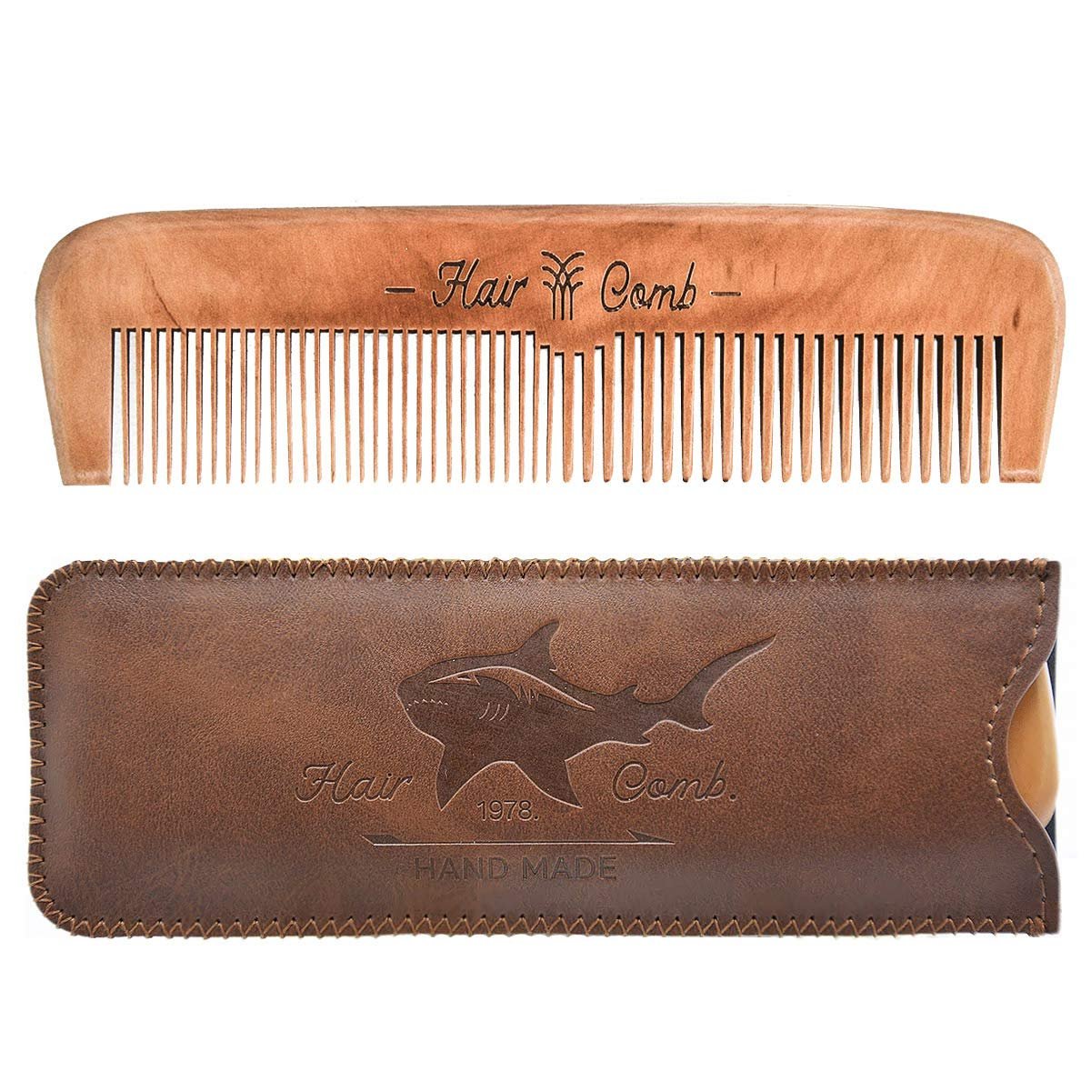 Wooden Hair Comb for Men – Beard Comb with Leather Travel Case (Brown Shark, 1 Count) - görsel 1