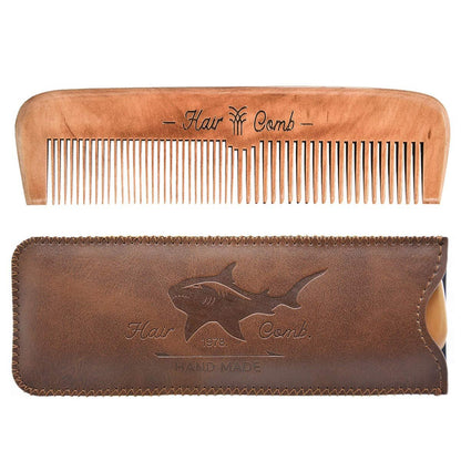 Wooden Hair Comb for Men – Beard Comb with Leather Travel Case (Brown Shark, 1 Count)