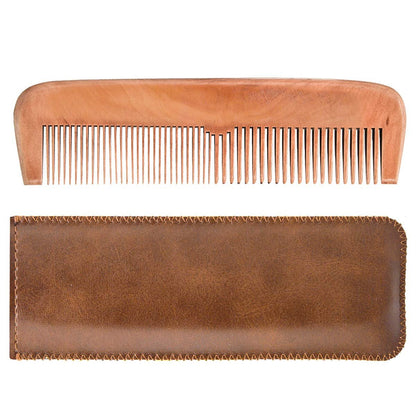 Wooden Hair Comb for Men – Beard Comb with Leather Travel Case (Brown Shark, 1 Count)
