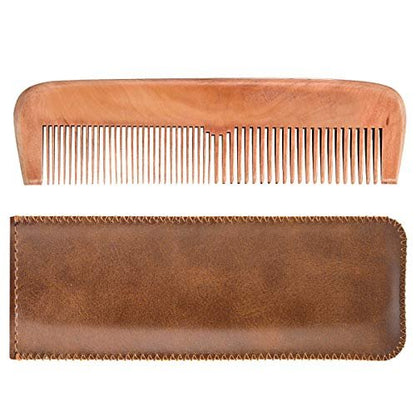 Wooden Hair Comb for Men – Beard Comb with Leather Travel Case (Brown Shark, 1 Count)