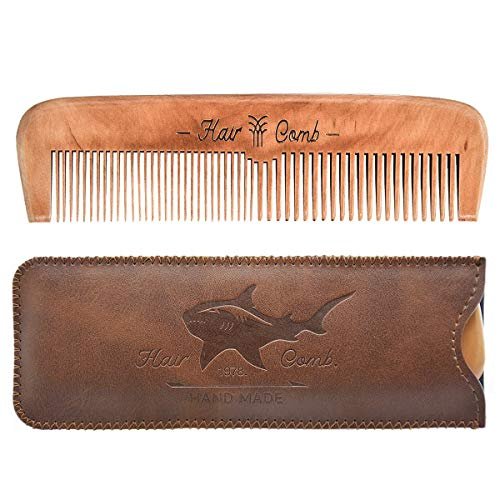 Wooden Hair Comb for Men – Beard Comb with Leather Travel Case (Brown Shark, 1 Count) - görsel 2