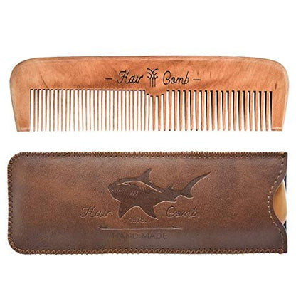 Wooden Hair Comb for Men – Beard Comb with Leather Travel Case (Brown Shark, 1 Count)