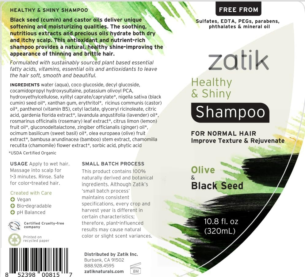 Zatik Naturals Healthy & Shiny Shampoo and Conditioner Set with Olive and Black Seed - Voluminizing & Safe for Color Treated Hair, 10.8 fl oz Each Avelisse