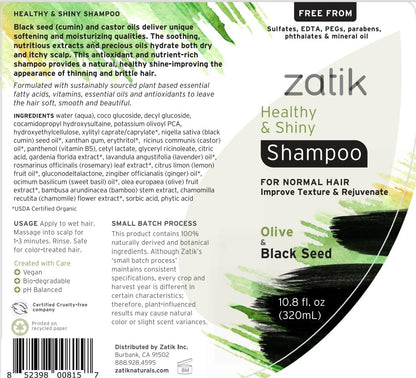 Zatik Naturals Healthy & Shiny Shampoo and Conditioner Set with Olive and Black Seed - Voluminizing & Safe for Color Treated Hair, 10.8 fl oz Each Avelisse