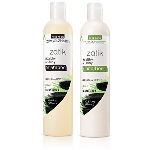 Zatik Naturals Healthy & Shiny Shampoo and Conditioner Set with Olive and Black Seed - Voluminizing & Safe for Color Treated Hair, 10.8 fl oz Each Avelisse