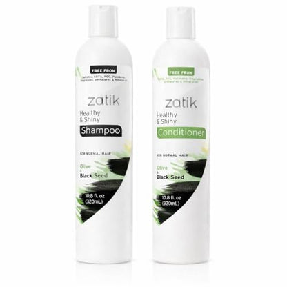 Zatik Naturals Healthy & Shiny Shampoo and Conditioner Set with Olive and Black Seed - Voluminizing & Safe for Color Treated Hair, 10.8 fl oz Each Avelisse