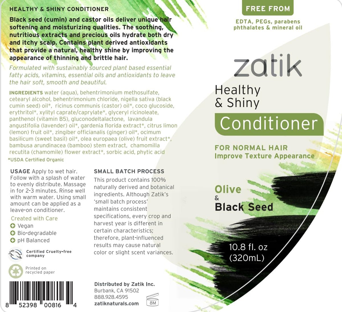 Zatik Naturals Healthy & Shiny Shampoo and Conditioner Set with Olive and Black Seed - Voluminizing & Safe for Color Treated Hair, 10.8 fl oz Each Avelisse